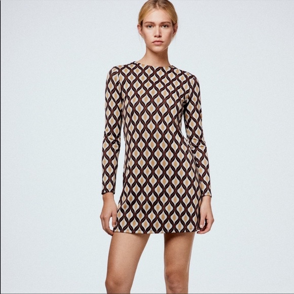 Zara Jacquard Knit Brown Geometric Retro Print Mini Shift Dress Size Small NWT - Picture 1 of 15